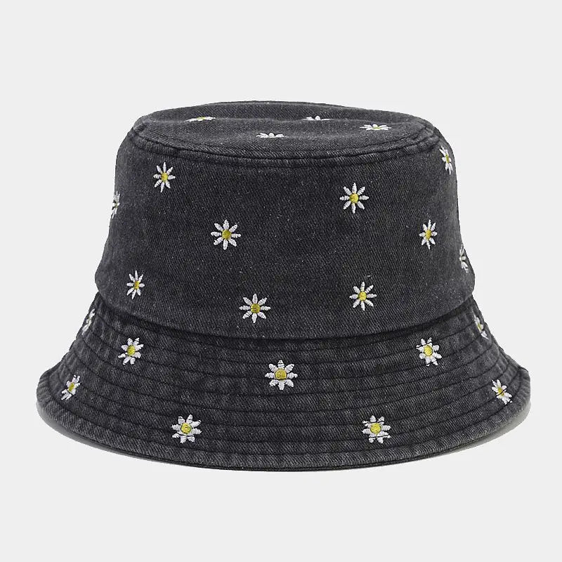 2023 Four Seasons Denim Flower Embroidery Bucket Hat Fisherman Hat Outdoor Travel Sun Cap for Men and Women 181