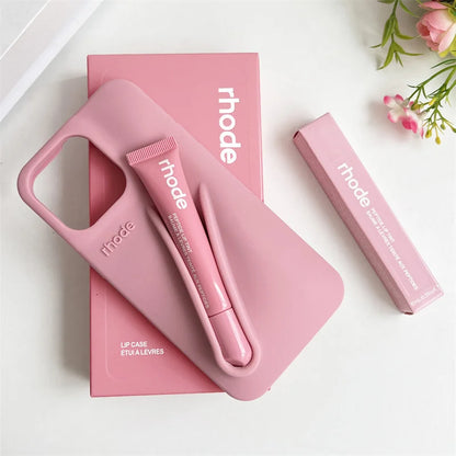 RHODE Lip Gloss Phone Case Set for iPhone 11–17 – Silicone Makeup Case with Box