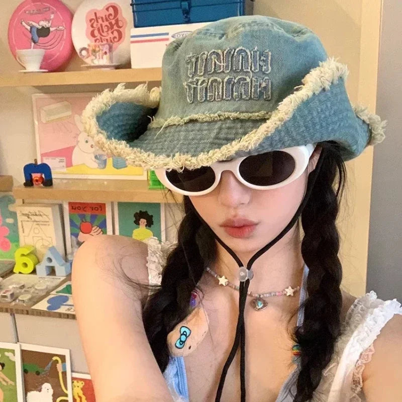 Designer Letter Tassel Denim Bucket Hats Women Summer Sun Protection Hiking Cap Panama Beach Hat Men