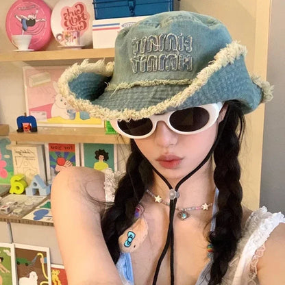 Designer Letter Tassel Denim Bucket Hats Women Summer Sun Protection Hiking Cap Panama Beach Hat Men