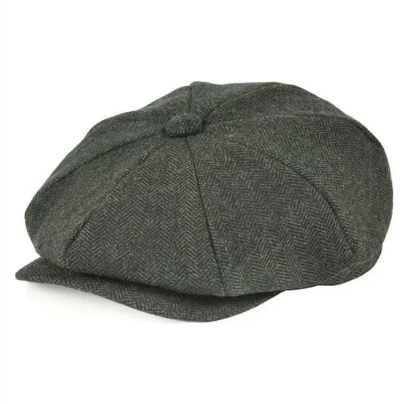 Vintage Wool Tweed Navy Blue Herringbone Newsboy Cap Unisex 8-Quarter Panelstyle Flat Caps Women