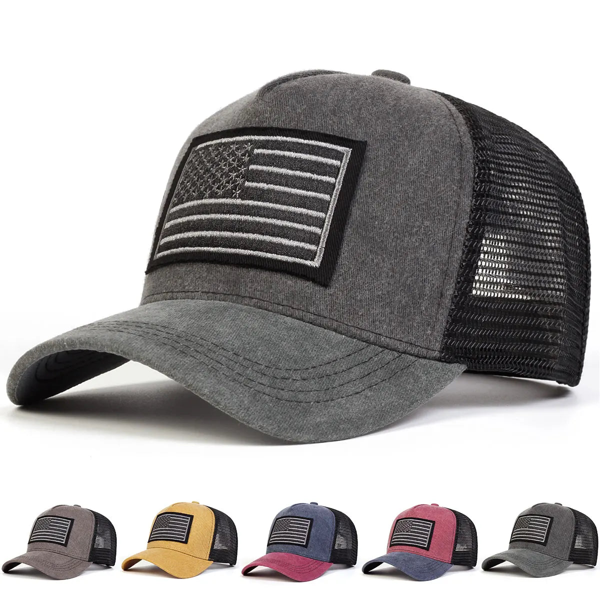 Unisex American Flag Embroidery Washed Baseball Net Caps Spring Summer Outdoor Adjustable Casual