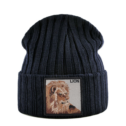 Unisex Black Beanie Hat With Animals Embroidery Patch Knitted Skull Cap For Men Women For Autumn Winter Streetwear Bonnet Hats