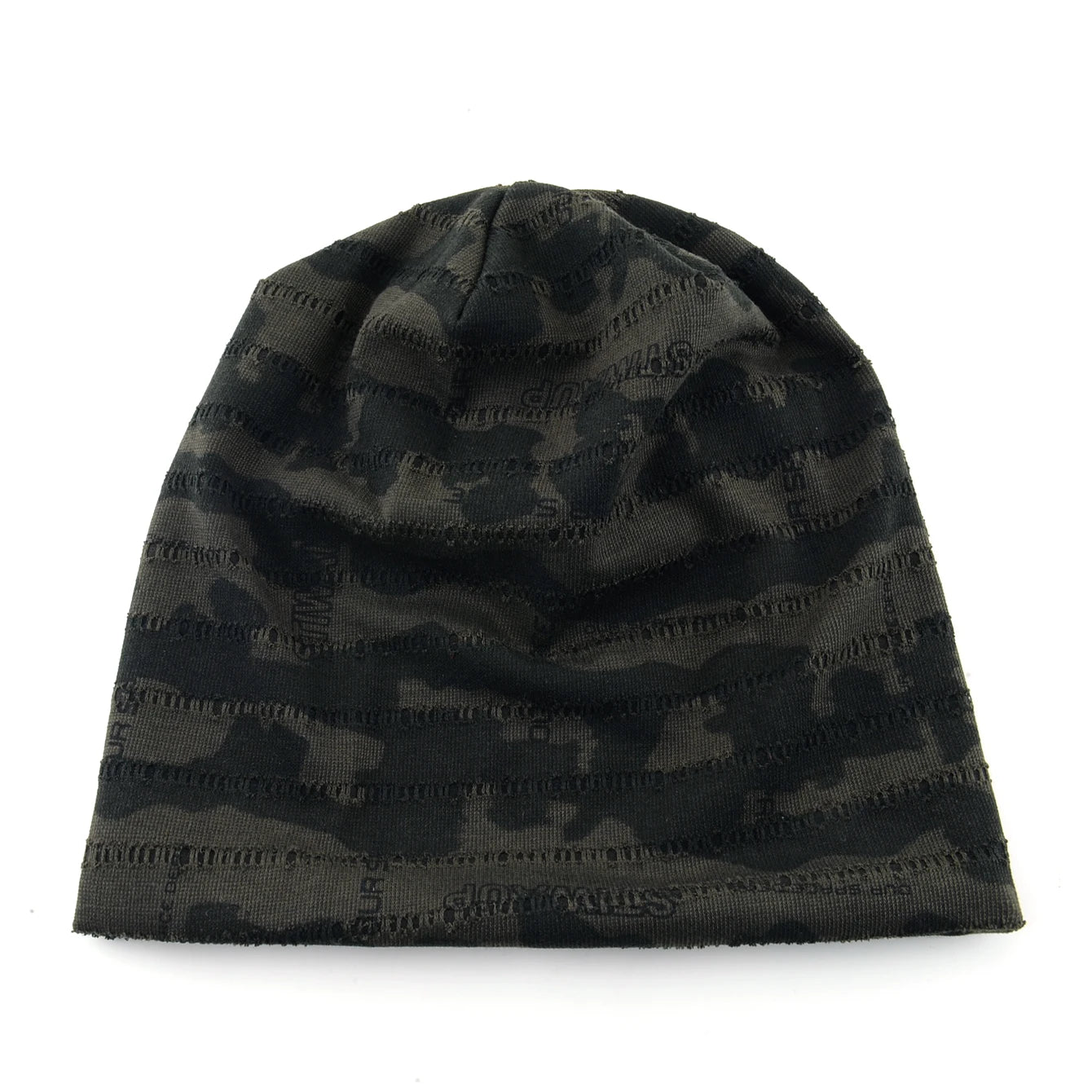Unisex Camouflage Print Beanie Hat With Distressed Holes Lightweight Stretchy Beanies For Men Women Streetwear Bonnet Cap