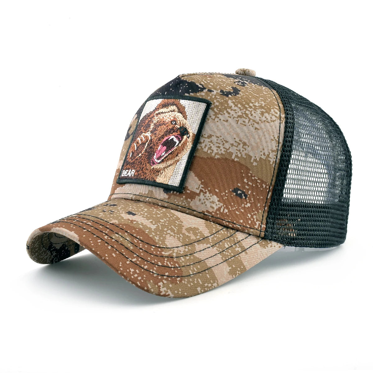 Camouflage Trucker Cap With Embroidery Lion Patch Snapback Baseball Cap For Men Women Adjustable Mesh Visor Hat