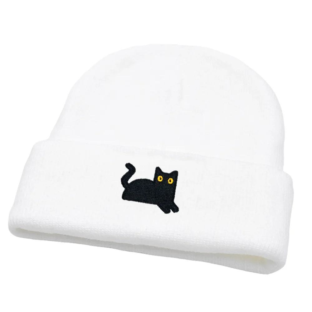 Stretchy Lightweight Knit Beanies Embroidered Black Cat Hat Women Men Winter Warm Hip-Hop Cold