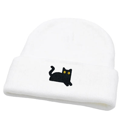 Stretchy Lightweight Knit Beanies Embroidered Black Cat Hat Women Men Winter Warm Hip-Hop Cold