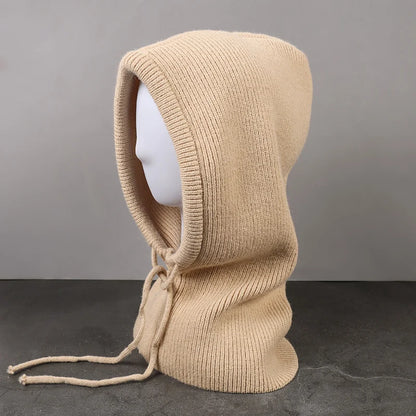 Winter Hats for Men Balaclava Knit Hats with Drawstring Warm Hooded Scarf Hat Solid Color Neck Collar Knitted Pullover Beanies