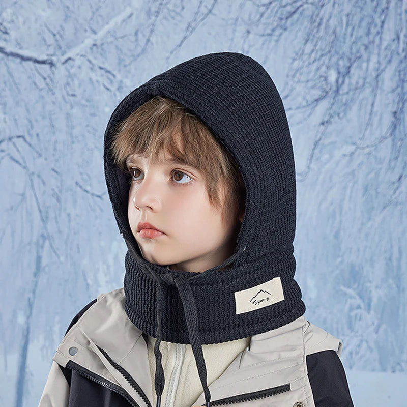 Winter Child Balaclava Hat Boy Girl Fleece-Lined Bonnets Windproof Mask Knitted Beanies Cap Scarf