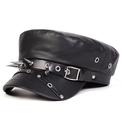 Women Large Belt Buckle Leather Hat Spring Autumn Sailor Hats Black Ladies Beret Caps Men Flat Top