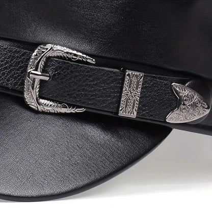 Women Large Belt Buckle Leather Hat Spring Autumn Sailor Hats Black Ladies Beret Caps Men Flat Top