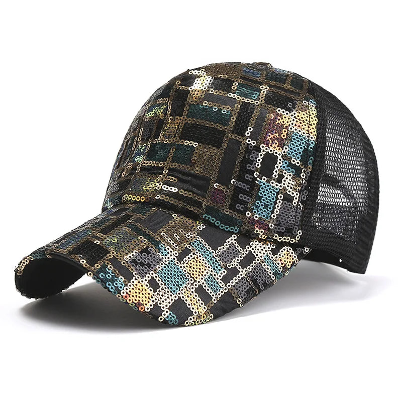 Vibrant Sequined Print Baseball Cap - Adjustable, Glittery Mesh Back Trucker Hat with Hip-Hop Style for Women