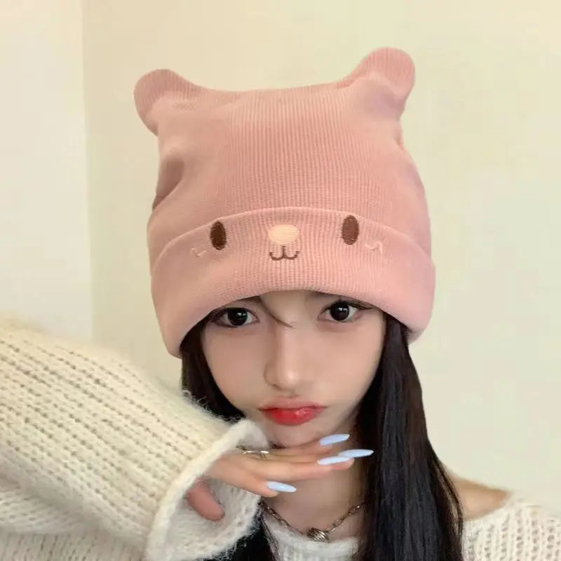 Women Autumn Winter Cute Cap Hat Female Cartoon Bear Ears Lady Girl Kawaii Knitted Crochet Beanies