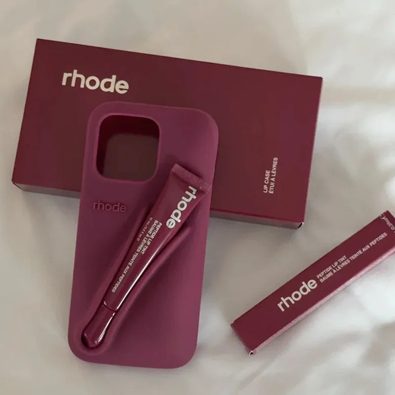 RHODE Lip Gloss Phone Case Set for iPhone 11–17 – Silicone Makeup Case with Box