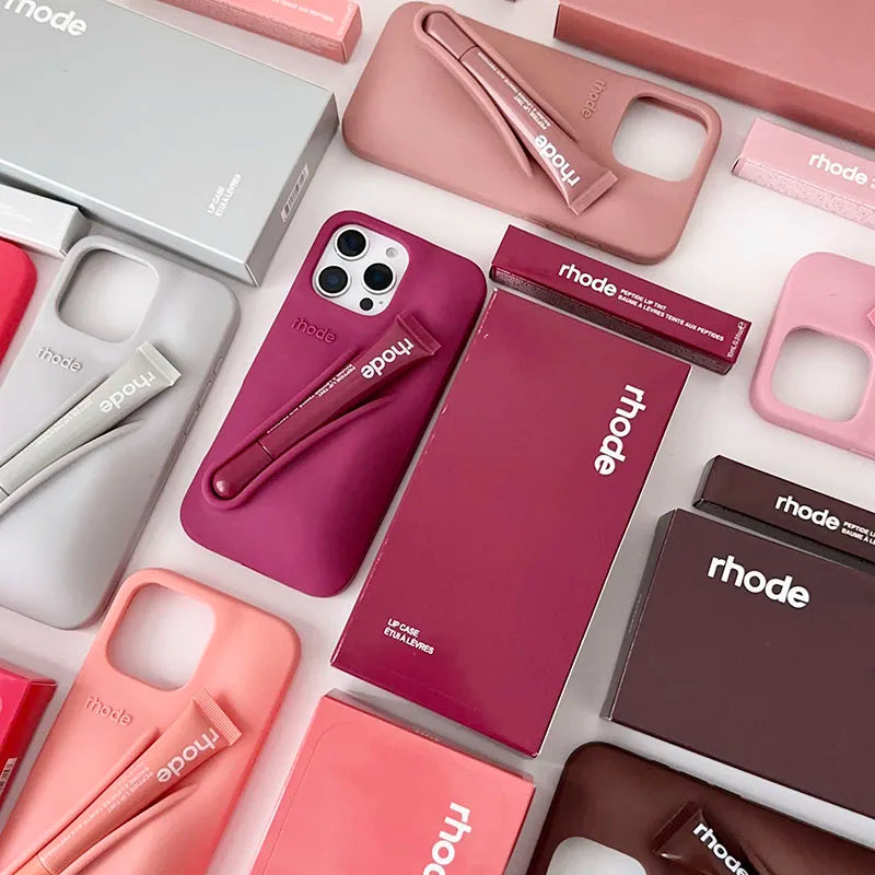 RHODE Lip Gloss Phone Case Set for iPhone 11–17 – Silicone Makeup Case with Box