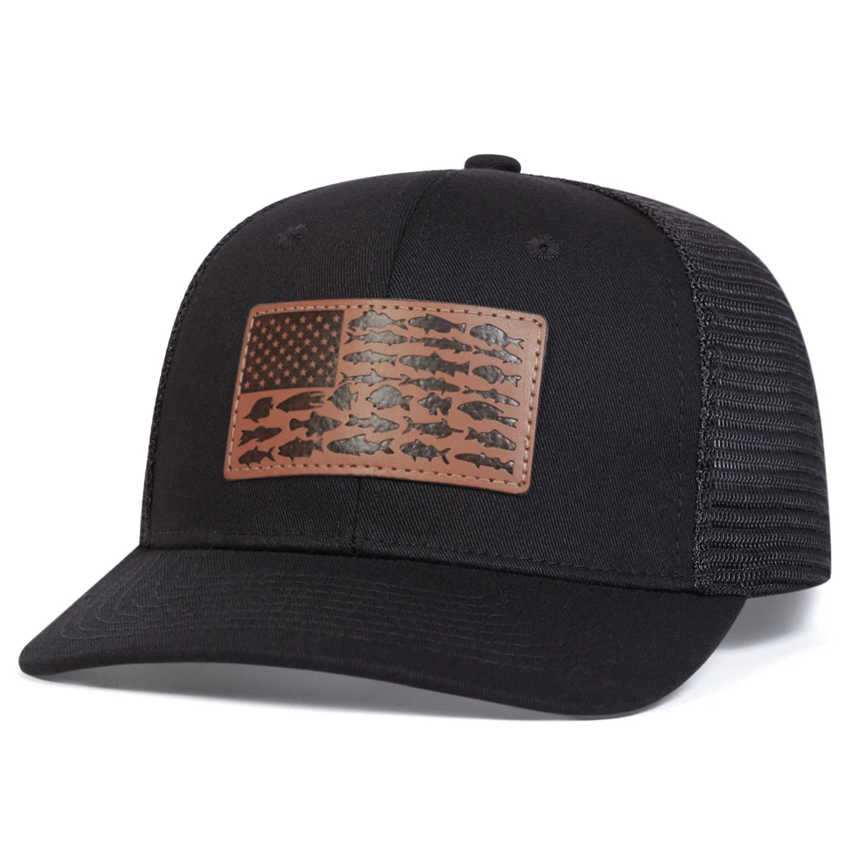 Unisex Brown Little Fish Flag Leather Label Baseball Net Caps Spring Summer Outdoor Adjustable