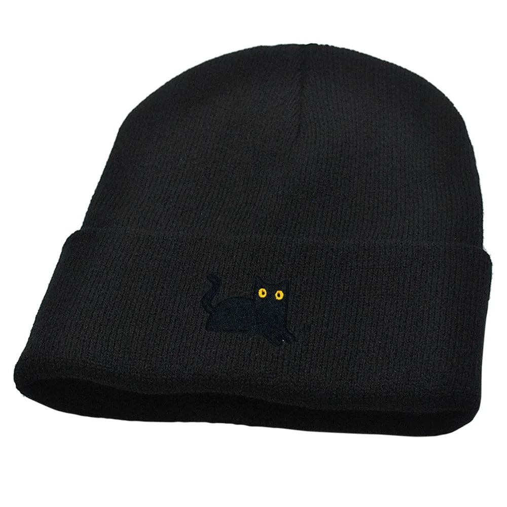 Stretchy Lightweight Knit Beanies Embroidered Black Cat Hat Women Men Winter Warm Hip-Hop Cold