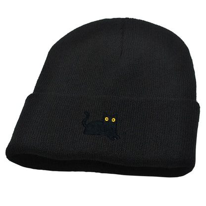 Stretchy Lightweight Knit Beanies Embroidered Black Cat Hat Women Men Winter Warm Hip-Hop Cold