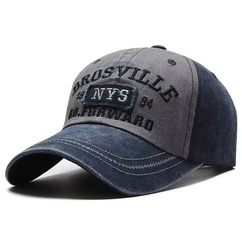 Four Seasons Men Baseball Cap Casual Distressed Washed Cotton Letter Embroidered Bent Brim Dome Sun