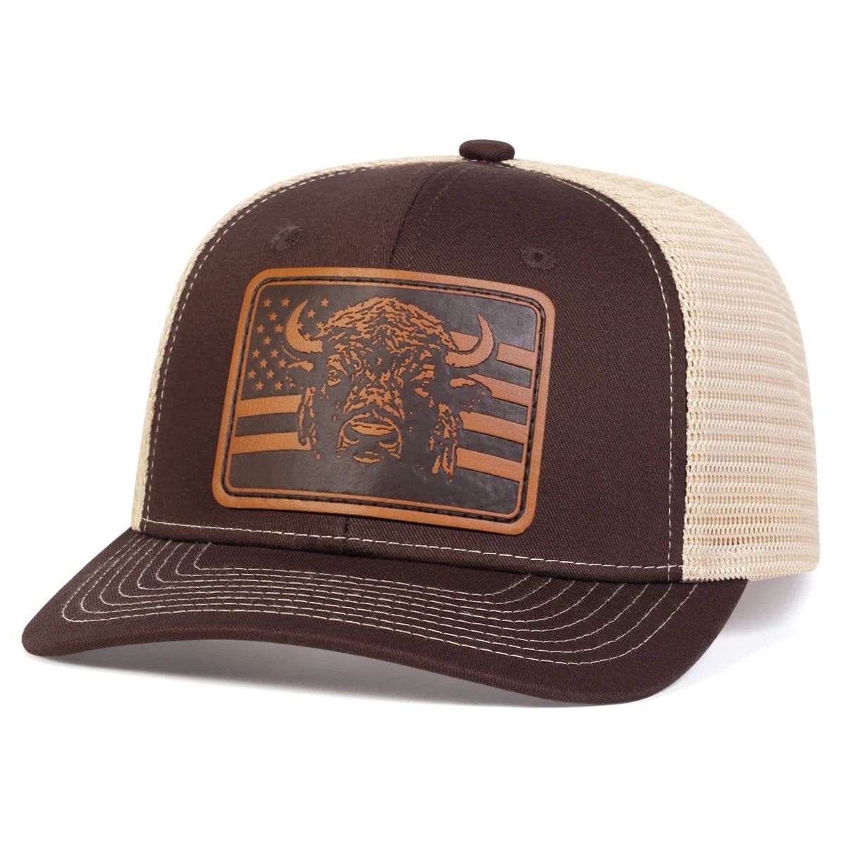 Unisex Brown Flag Bull Head Leather Label Baseball Net Caps Spring Summer Outdoor Adjustable Casual