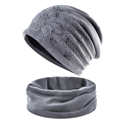 Women's Winter Double-Layer Flannel Knitted Beanie And Scarf Set Diamond Daffodil Pattern Hat Warm Windproof Cold Weather Bonnet