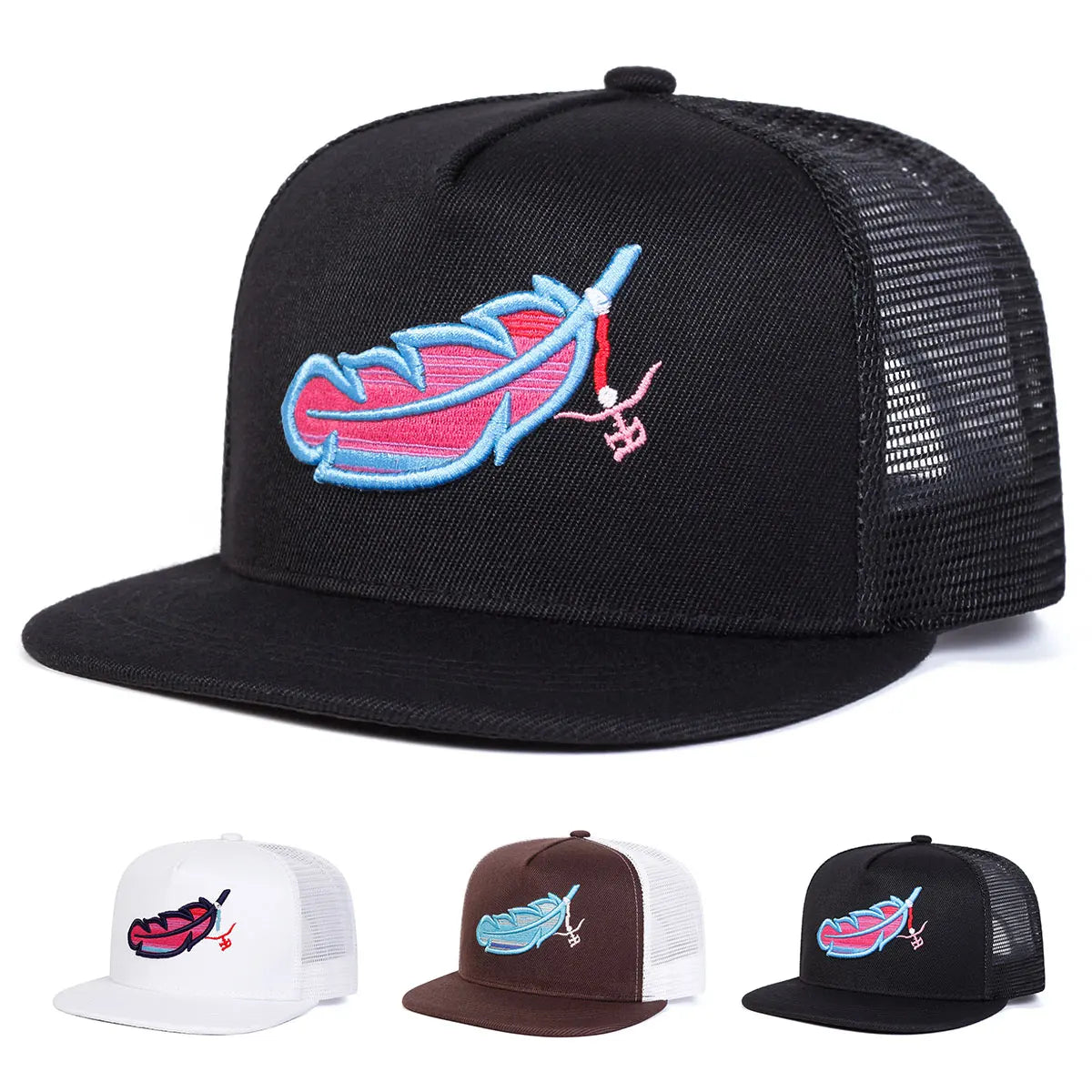 Unisex Colorful Feather Embroidery Hip-Hop Net Hats Spring Summer Outdoor Adjustable Casual Baseball