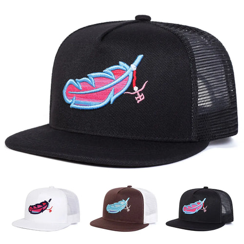 Unisex Colorful Feather Embroidery Hip-Hop Net Hats Spring Summer Outdoor Adjustable Casual Baseball