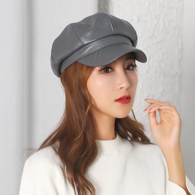 Women Pu Leather Berets Cap Hat Black Red Outdoor Adjustable Female Autumn Winter Casual Lady
