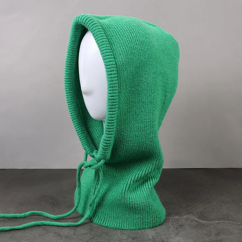 Winter Hats for Men Balaclava Knit Hats with Drawstring Warm Hooded Scarf Hat Solid Color Neck Collar Knitted Pullover Beanies