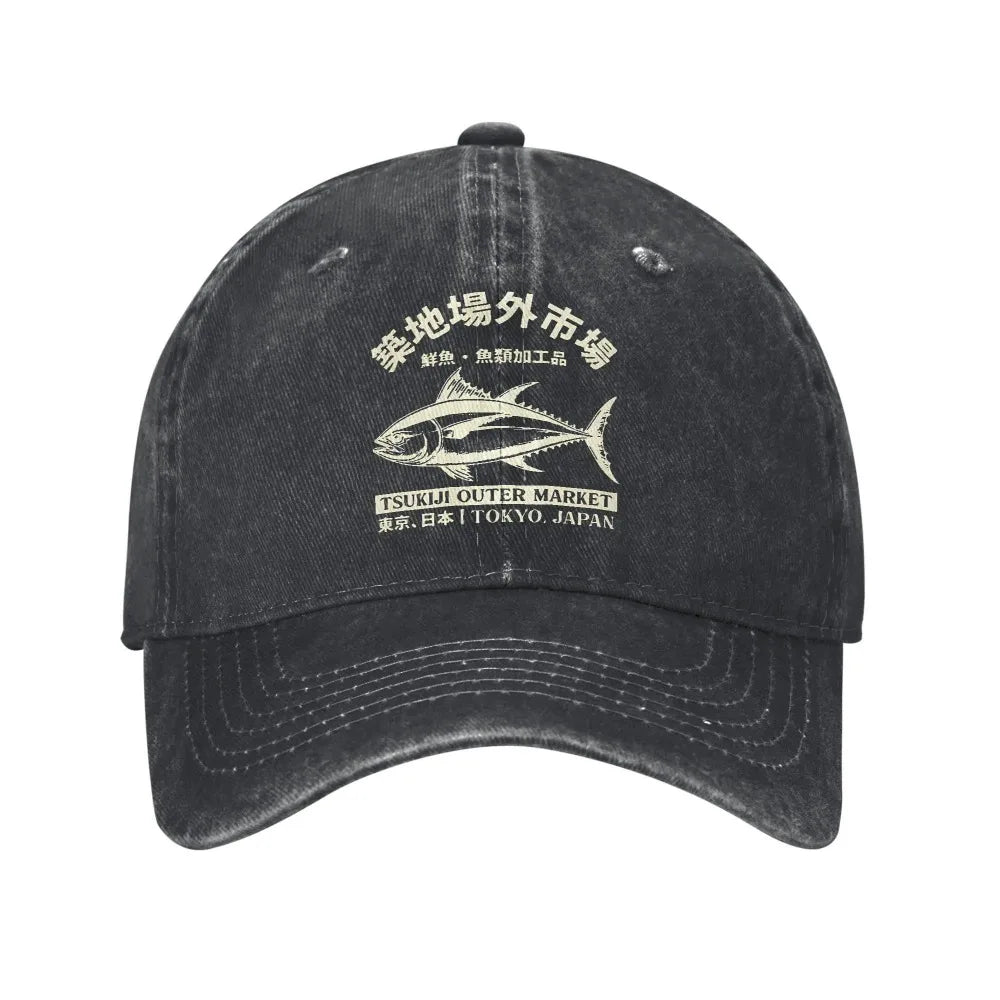 Japanense Tsukiji Fish Market Washed Tokyo Japan Baseball Cap Sun Trucker Hat Female Male Snapback