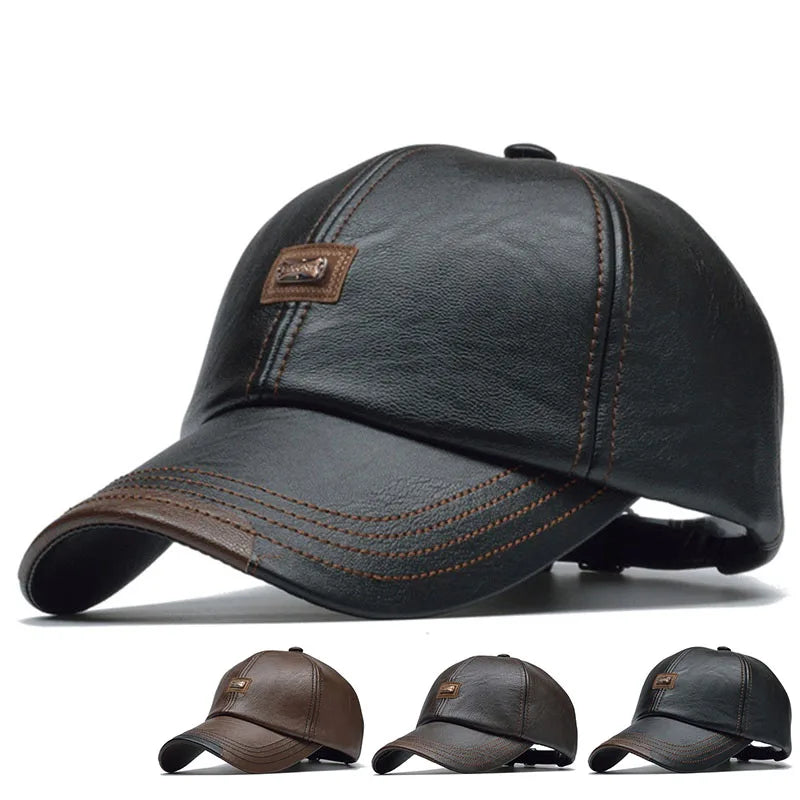 Men Leather Baseball Cap Hip Hop Casual Adjustable Winter Warm Hat Snapback Pu Trucker Caps Gorras