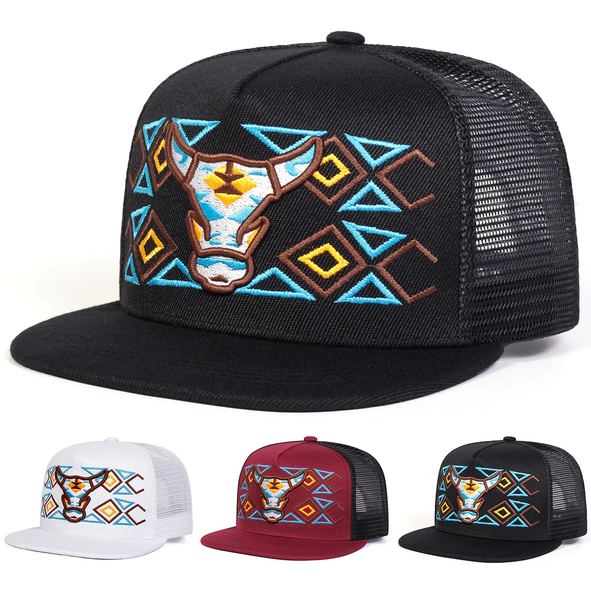 Unisex Ox Head Embroidery Hip-Hop Net Hats Spring Summer Outdoor Adjustable Casual Baseball Caps