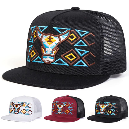 Unisex Ox Head Embroidery Hip-Hop Net Hats Spring Summer Outdoor Adjustable Casual Baseball Caps