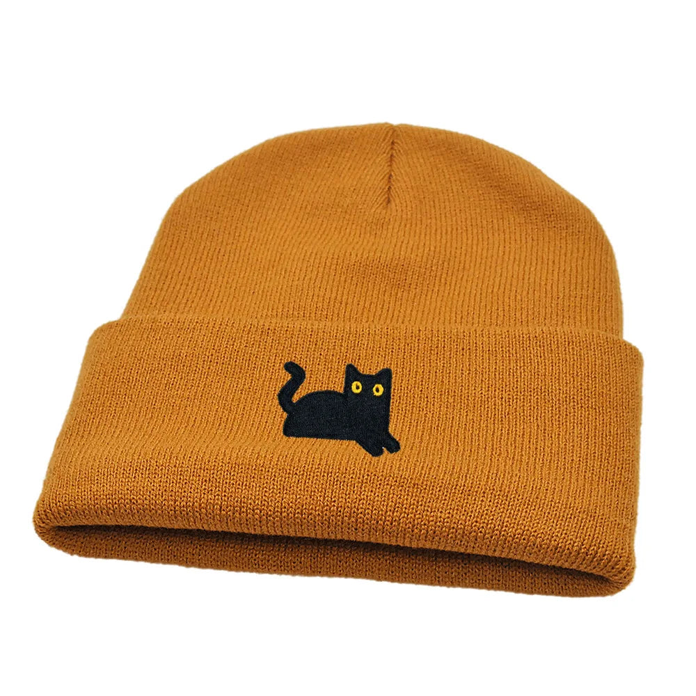 Stretchy Lightweight Knit Beanies Embroidered Black Cat Hat Women Men Winter Warm Hip-Hop Cold