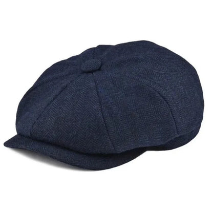 Vintage Wool Tweed Navy Blue Herringbone Newsboy Cap Unisex 8-Quarter Panelstyle Flat Caps Women