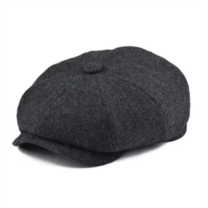 Vintage Wool Tweed Navy Blue Herringbone Newsboy Cap Unisex 8-Quarter Panelstyle Flat Caps Women