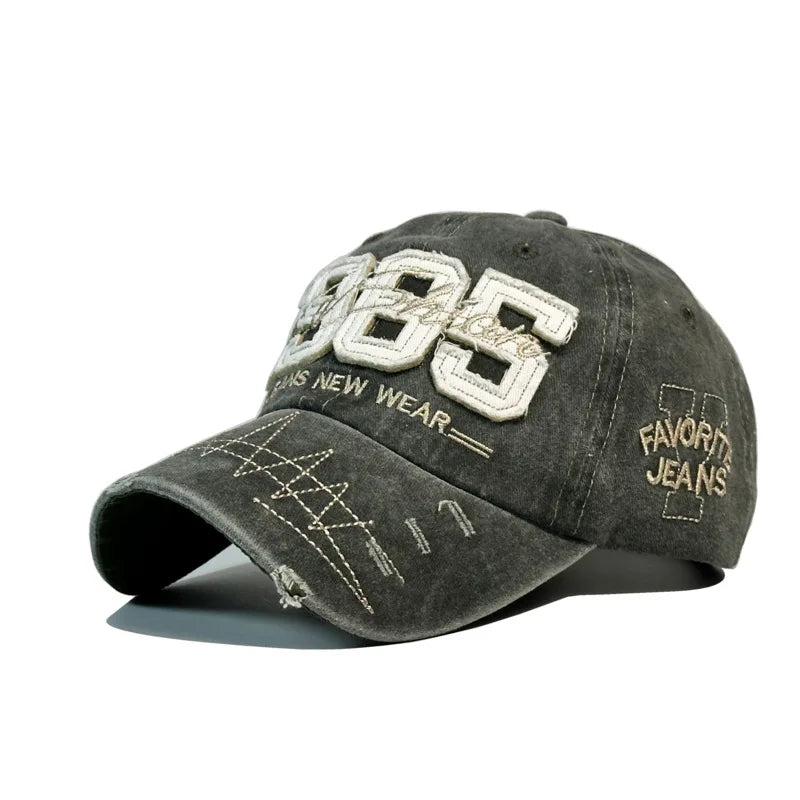 1985 Embroidery Ripped Baseball Cap Washed Distressed Patch Adjustable Dad Hat Vintage Lightweight Sunscreen Sports Hat