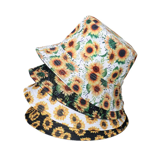 Women Sunflower Print Cotton Bucket Hats Spring Summer Girl Lady Outdoor Panama Fisherman Cap Hat