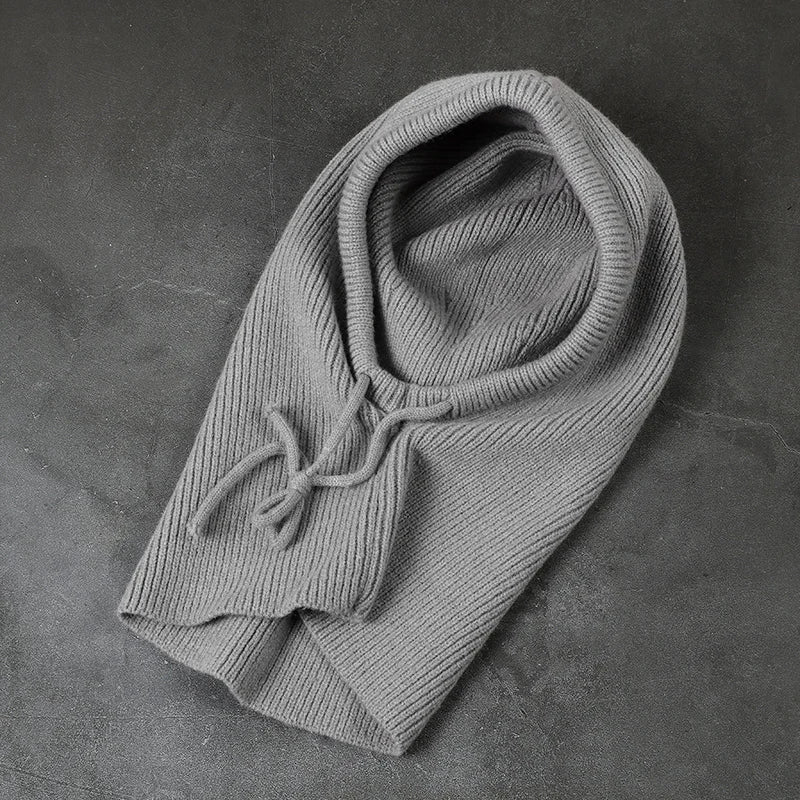 Winter Hats for Men Balaclava Knit Hats with Drawstring Warm Hooded Scarf Hat Solid Color Neck Collar Knitted Pullover Beanies