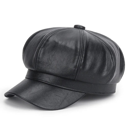 Women Pu Leather Berets Cap Hat Black Red Outdoor Adjustable Female Autumn Winter Casual Lady