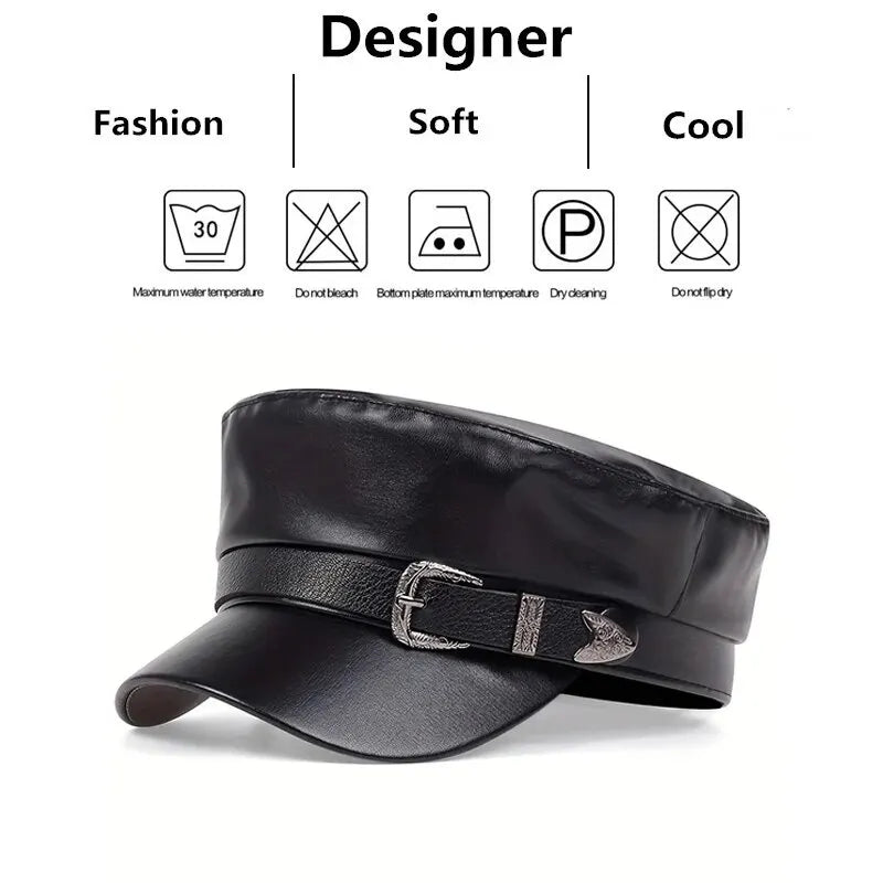 Women Large Belt Buckle Leather Hat Spring Autumn Sailor Hats Black Ladies Beret Caps Men Flat Top