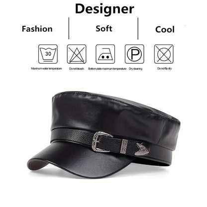 Women Large Belt Buckle Leather Hat Spring Autumn Sailor Hats Black Ladies Beret Caps Men Flat Top