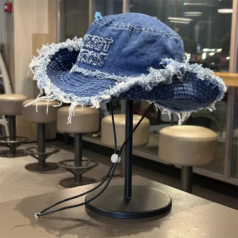 Designer Letter Tassel Denim Bucket Hats Women Summer Sun Protection Hiking Cap Panama Beach Hat Men