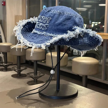 Designer Letter Tassel Denim Bucket Hats Women Summer Sun Protection Hiking Cap Panama Beach Hat Men