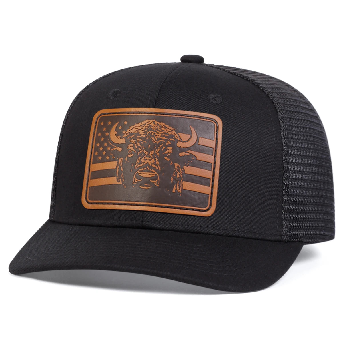 Unisex Brown Flag Bull Head Leather Label Baseball Net Caps Spring Summer Outdoor Adjustable Casual