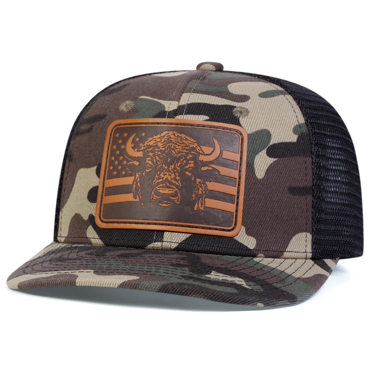 Unisex Brown Flag Bull Head Leather Label Baseball Net Caps Spring Summer Outdoor Adjustable Casual