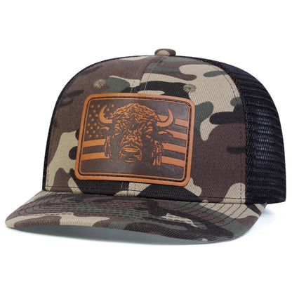 Unisex Brown Flag Bull Head Leather Label Baseball Net Caps Spring Summer Outdoor Adjustable Casual