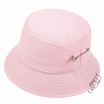 Solid Color Iron Pin Rings Personality Bucket Hat Cap Unisex Women Men Cotton Fishermen Caps