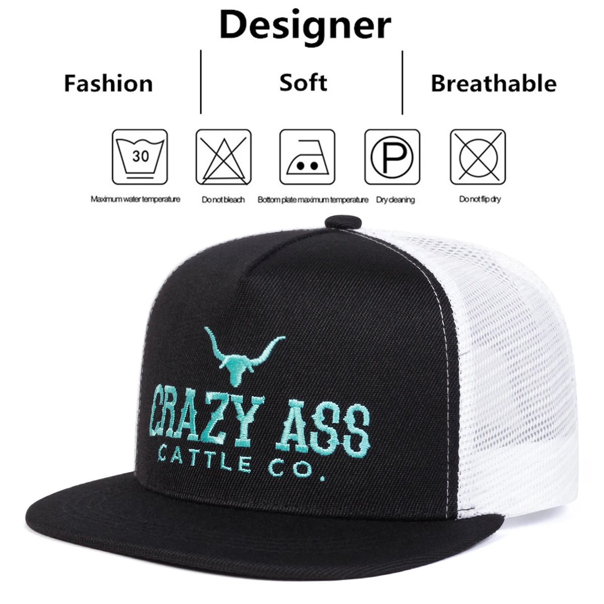 Unisex Crazy Ass Cattle Co Embroidery Hip-Hop Net Hats Spring Summer Outdoor Adjustable Casual