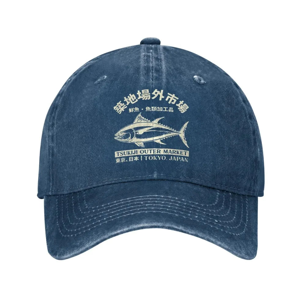 Japanense Tsukiji Fish Market Washed Tokyo Japan Baseball Cap Sun Trucker Hat Female Male Snapback